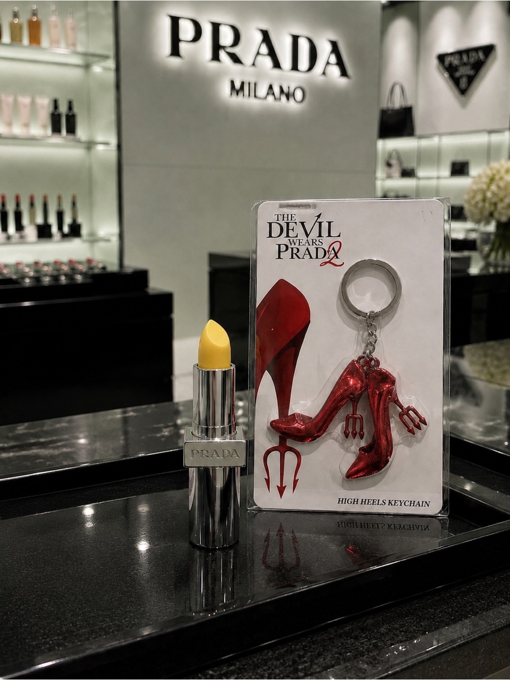 Prada Yellow Lipstick Charm Keychain Set with Red High Heel Keyring